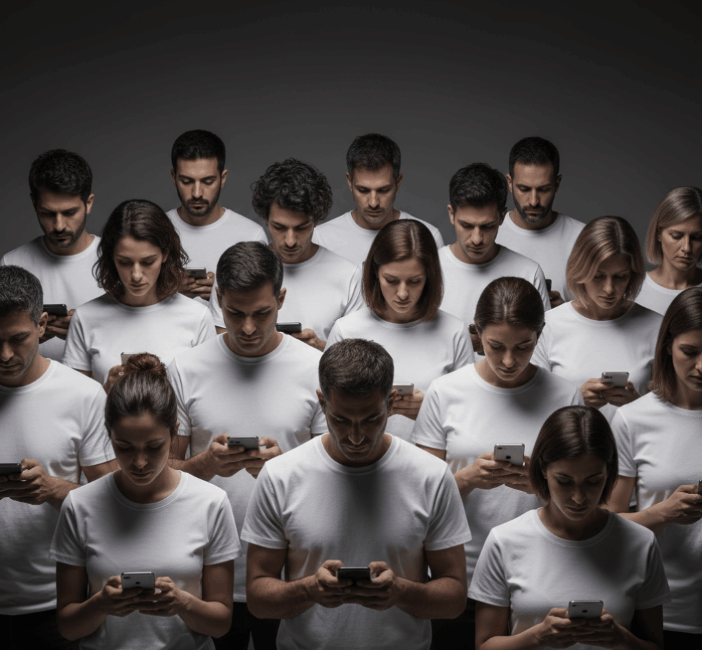 Gruppo di persone che usano lo smartphone, rappresentazione della crescita con il social media marketing per aziende e imprenditori